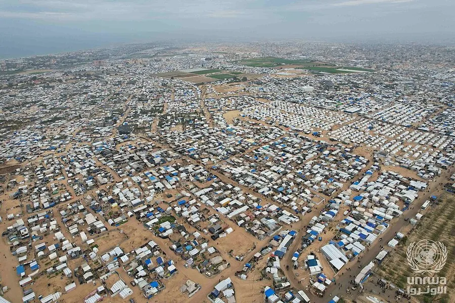 Aerial view of tents of displaced Palestinians in Al-Mawasi, Khan Younis