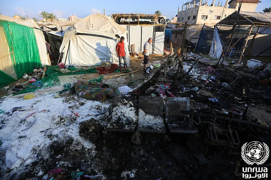 Tents of displaced people at Al-Aqsa Martyrs Hospital after an Israeli strike