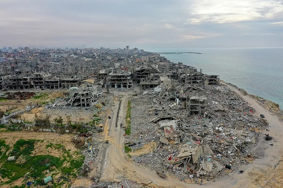 Aerial view of destruction in Beach refugee camp, Gaza