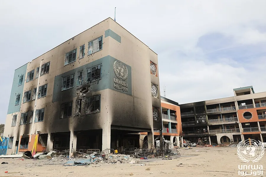 A burned and destroyed UNRWA school in Gaza